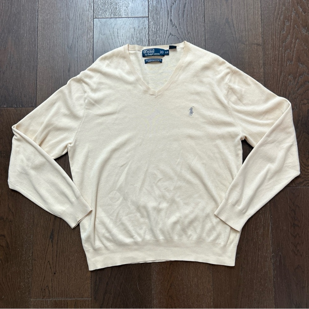 Polo Ralph Lauren Sweater Mens L Cream Pima Cotton V Neck Pullover Long Sleeve
